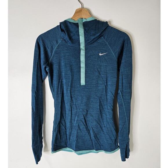 Nike Running Dri Fit Wool Blend Snap Hoodie Womens Medium Blue Pullover 619918 - Picture 1 of 7